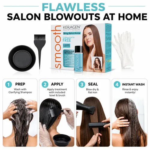 Miniatura 7 de KERAGEN At-Home Kit de tratamiento de alisado de queratina, soplado exprés sin formaldehído para cabello grueso y encrespado Tiempo de espera de 0