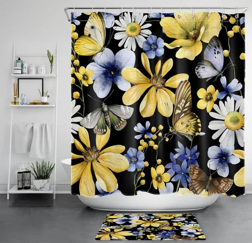 Miniatura 7 de Watercolor Plant Flower Shower Curtain Blue Yellow Floral and Retro Butterfly on Beige Shower Curtain Set for Bathroom Rustic Nature Fabric Bath