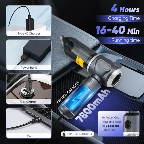Miniatura 6 de SakerPlus Aspiradora de Coche Portátil Inalámbrica, Aspiradora de Mano Mini 3-en-1 de 17500PA de Alta Potencia, Aspiradora de Mano y Soplador