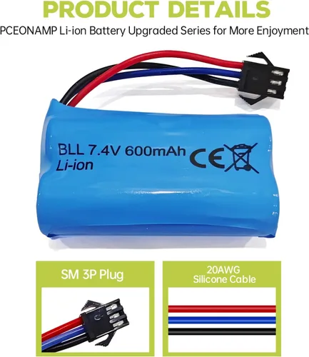 Miniatura 5 de 2 unids 7.4 V 600 mAh 2S batería de iones de litio con enchufe SM-3P con 2 unids cable de carga USB para DE82 TK3086B G20601 RC juguete RC coche