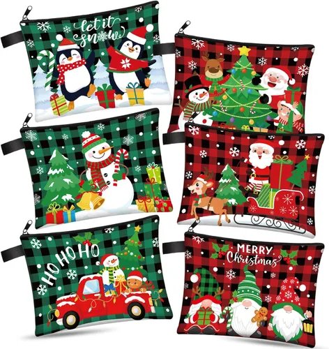 Zonon Juego de 6 bolsas de maquillaje de lona de Navidad, pequeñas bolsas de cosméticos con cremallera portátil, bonita bolsa de estilo cuadros