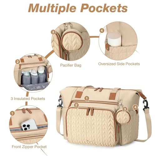 Miniatura 6 de Bolsa de pañales, bolsa grande para pañales para bebé, impermeable, bolsa de hospital para parto con funda para chupete, cambiador, correa