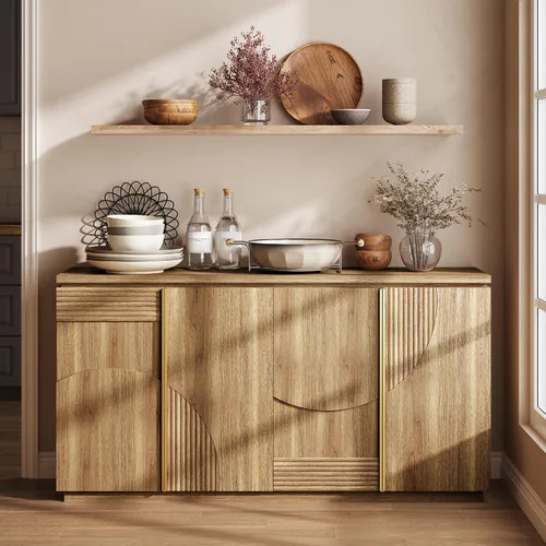 Miniatura 11 de BELLEZE - Gabinete de aparador de 31 pulgadas de estilo moderno de mediados de siglo, gabinete de buffet con arco de madera y almacenamiento, mesa