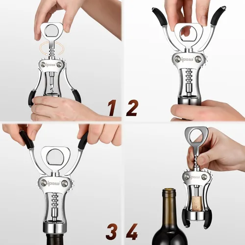 Miniatura 6 de IPOW Abridor de vino, abridor de botellas de vino de aleación de zinc, sacacorchos de ala resistente, tornillo de corcho multifuncional manual