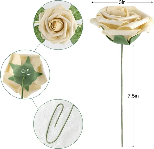 Miniatura 6 de AmyHomie 25 rosas artificiales beige de aspecto real con tallo para ramos de boda, centros de mesa, arreglos de fiesta, baby shower, día de San