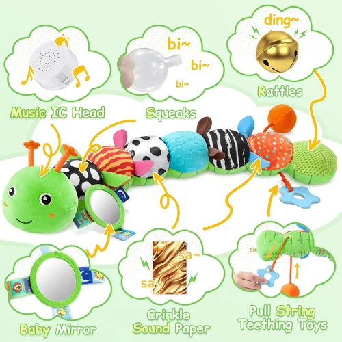 Miniatura 3 de Juguetes para Bebés Sensoriales Musicales Peluche de Animal para Infantes de 0-3-6-12 Meses Tiempo Boca Abajo Recién Nacido, Oruga de Felpa con Verde