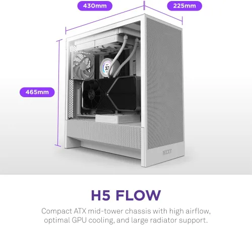 Miniatura 2 de NZXT H5 Flow Estuche compacto ATX para juegos de PC, torre media, alto flujo de aire, panel frontal perforado, panel lateral de vidrio templado
