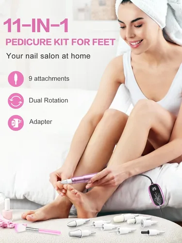 Miniatura 8 de Subay Kit profesional de manicura y pedicura, juego de taladro eléctrico para uñas con pantalla LED, 25000 RPM, 11 accesorios más 20 bandas