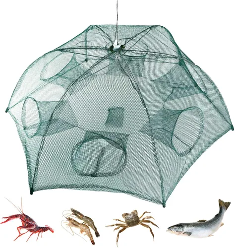 TeqHome Red de trampa de pesca, trampa de cebo plegable de 6 lados de 6 agujeros, red de pesca plegable automática con cremallera y diseño portátil,