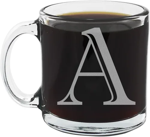 Spotted Dog Company Taza de café de vidrio transparente con monograma grabado de 12 onzas (letra A), regalos de café personalizados de la A a la Z,