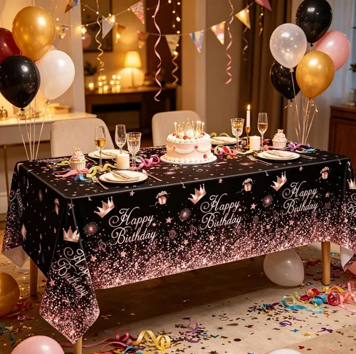 Miniatura 4 de Mantel de plástico color oro rosa negro (paquete de 4), 86 x 51 pulgadas, manteles para fiesta de cumpleaños y fiesta de boda de niñas y mujeres