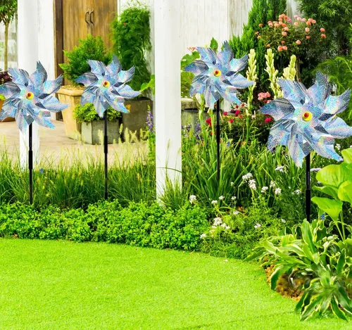 Miniatura 5 de Paquete de 8 molinetes para patio y jardín, molinetes reflectantes para disuasión de aves, molinetes para exteriores, molinetes al aire libre