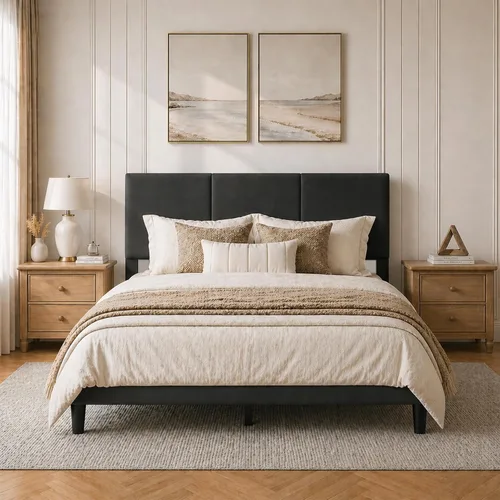 Miniatura 10 de Marco de cama tamaño completo con cabecero – Elegante marco de cama plataforma tapizado con canales verticales acolchados de servicio pesado