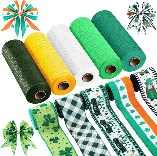 Miniatura 8 de Woanger 10 Rollos de Cinta con Borde de Alambre a Rayas de Sandía y Cinta de Malla para Envoltorio de Regalos DIY de Verano, Manualidades, Corona