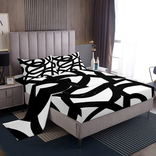 Feelyou Juego de sábanas a rayas blancas y negras para niños y niñas, tamaño individual, juego de ropa de cama de arte abstracto, juego de sábanas