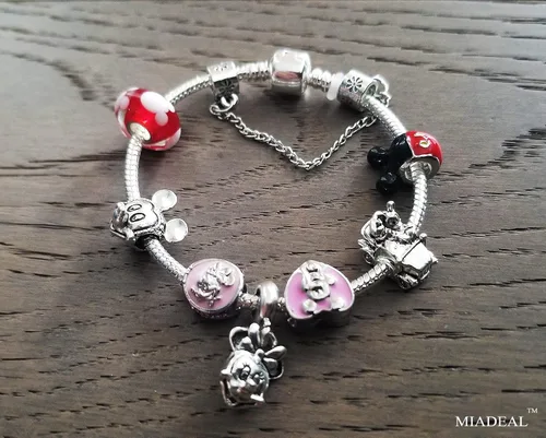 Miniatura 3 de MIADEAL Pulsera con dijes de Mickey & Minnie Mouse, compatible con Pandora, rosa