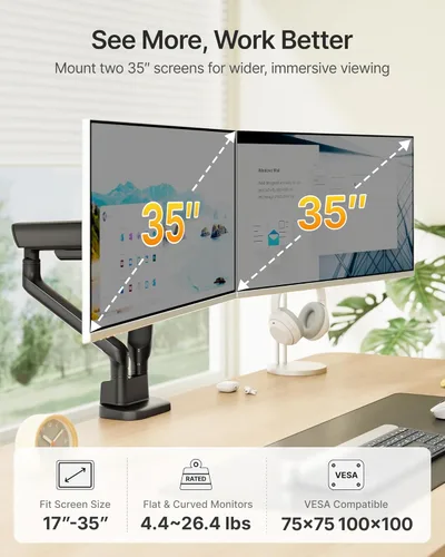 Miniatura 2 de monTEK Brazo de monitor dual con resorte mecánico para pantallas de 17 a 35 pulgadas, aluminio de grado aeroespacial, abrazadera en C y soporte