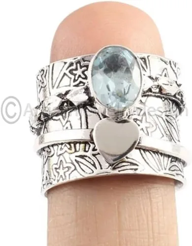 Miniatura 2 de Blue Topaz Ring, Handmade Jewelry, 925 Silver Ring, Heart Spinner for Women, Spinner Band Ring, Yoga Fidget Ring, Boho Silver Ring, Worry Ring