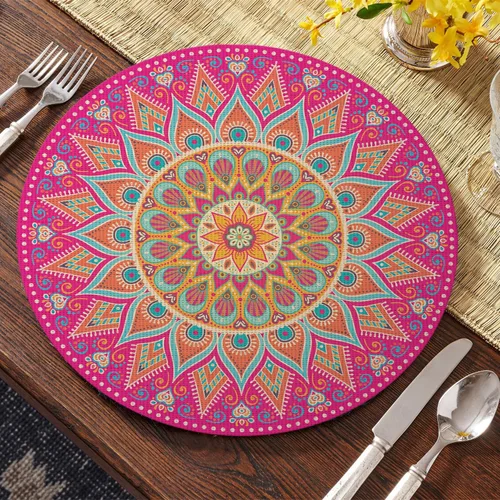 Miniatura 7 de Artoid Mode - Juego de 4 manteles individuales de vinilo de plástico con mandala rosa, manteles redondos tejidos antideslizantes lavables de 14
