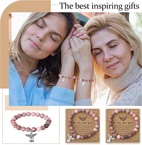 Miniatura 3 de Quelay Juego de 12 pulseras de ángel con tarjeta de felicitación y bolsa de organza, pulseras inspiradoras de piedra natural rosa inspiradora