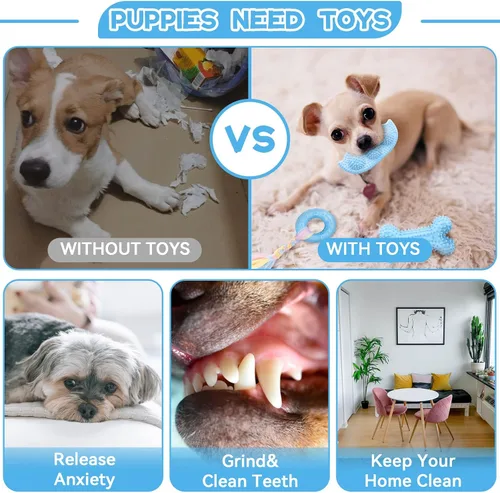 Miniatura 6 de Petcare Paquete de 6 juguetes para masticar para cachorros - Cuerda de goma azul suave y hueso redondo para dentición para perros pequeños
