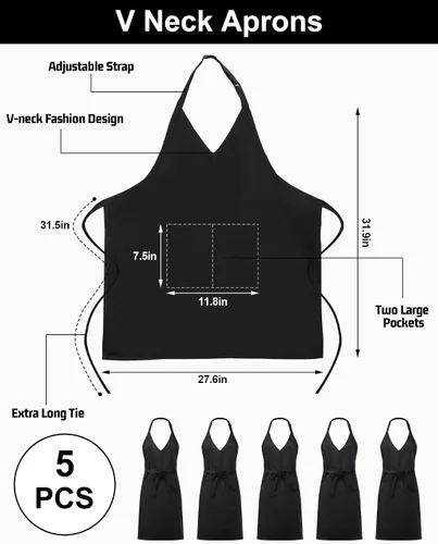 Miniatura 2 de Liitrsh 5 delantales unisex con cuello en V, 2 bolsillos, delantales de esmoquin ajustables negros con lazo largo en la cintura, delantal formal