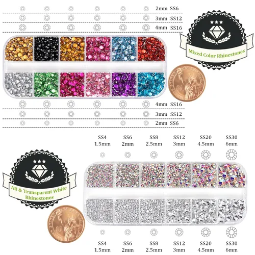 Miniatura 4 de Dos paquetes de diamantes de imitación de parte trasera plana, 4520 piezas, diamantes de imitación coloridos para uñas, multicolor + AB + gemas