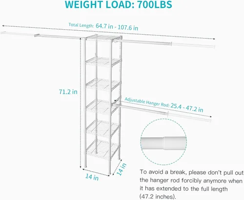 Miniatura 7 de Ulif M1 - Sistema Organizador de Almacenamiento para Closet, Perchero de Metal Resistente de 6 Niveles con 3 Varillas Expandibles para Colgar, Blanco