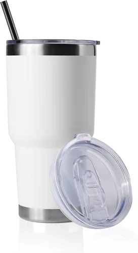 Miniatura 14 de DOMICARE Vaso de 30 oz con tapa y pajita, vasos de acero inoxidable a granel, aislado al vacío de doble pared para café, vaso duradero