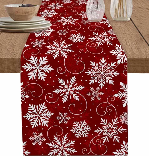 Miniatura 10 de Camino de mesa de copos de nieve rojos de 36 pulgadas de largo para decoración de mesa de comedor, camino de mesa de lino de algodón lavable, camino