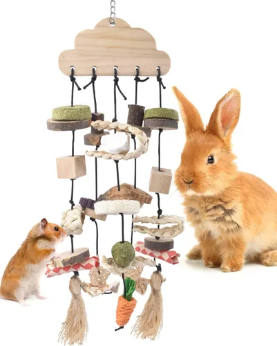 Bissap Juguete Masticable para Conejos, Juguetes Masticables Colgantes para Jaula de Conejo y Golosinas de Madera con Aperitivos para Conejillos de