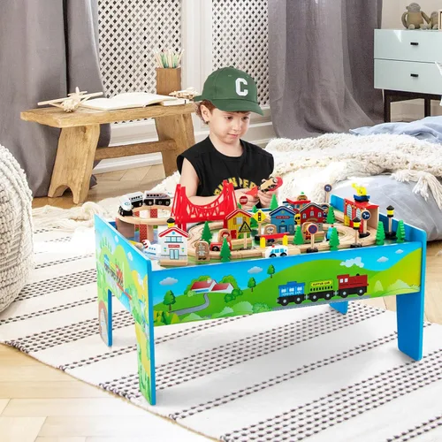 Miniatura 2 de Mesa de Tren INFANS, Juego de 80 Piezas de Madera para Niños con Juego de Actividad Reversible y Desmontable, Pistas, Tren, Ferrocarril, Ciudad