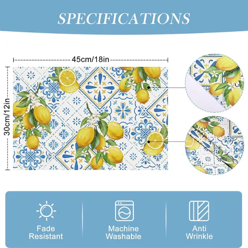 Miniatura 6 de Bonhause Juego de 4 manteles individuales de verano de limón de 12 x 18 pulgadas, azulejos italianos azules, limones, frutas amarillas