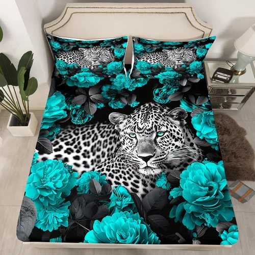 Miniatura 28 de Erosebridal Juego de sábanas bajeras de rosas rojas y leopardo, tamaño individual, diseño de animales africanos salvajes, diseño de plantas