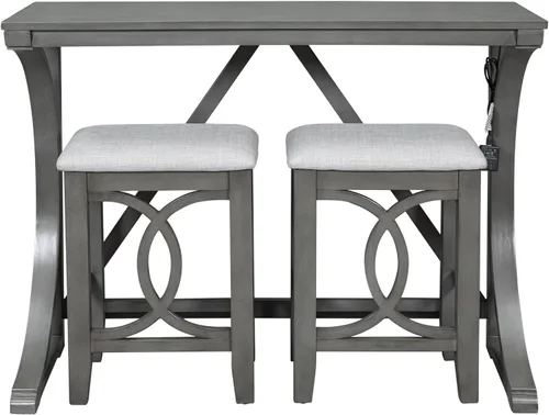 Miniatura 6 de JIVOIT Juego de mesa de comedor de 3 piezas con altura de mostrador, juego de comedor de madera maciza con 2 taburetes tapizados, mesa de comedor