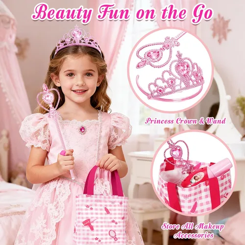 Miniatura 3 de Juego de mesa y silla para niños pequeños, mesa de maquillaje para niñas con luces de espejo y música, juguetes de vestir con secador de pelo