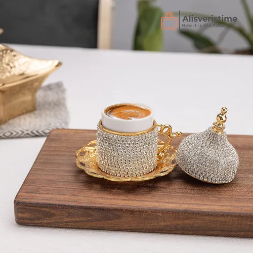 Miniatura 4 de Alisveristime Juego de café turco adornado con cristal, 27 piezas, tazas decorativas de Zamac para espresso, platillos y azucarero con bandeja