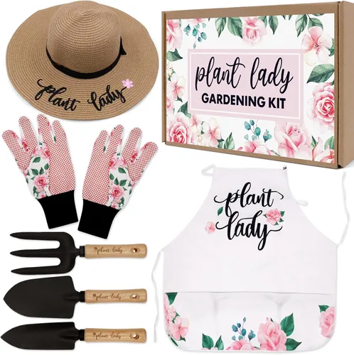 Percozzi Plant Lady - Herramienta de jardinería para mamá, kit de herramientas de jardinería, sombrero de paja, delantal floral, guante para su