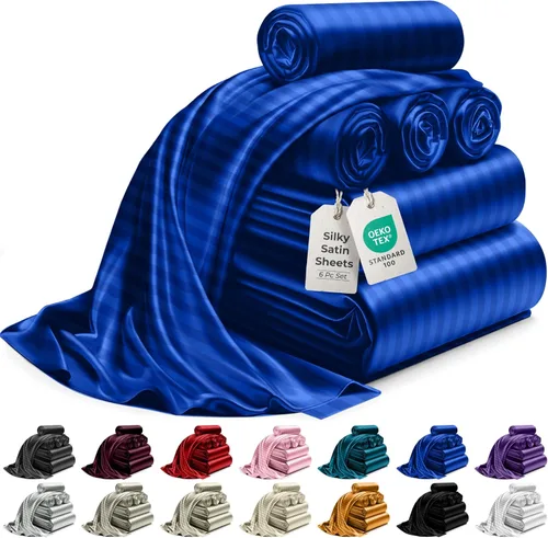 Miniatura 28 de DECOLURE Sábanas de satén para cama - Juego de 6 piezas de ropa de cama de lujo sedosa tamaño King - Más suave que la seda, sin arrugas con sábana