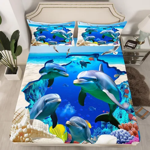Erosebridal Sábana bajera ajustable con diseño de delfín, diseño de playa oceánica, tamaño individual para niños, niñas, adolescentes, juego de ropa
