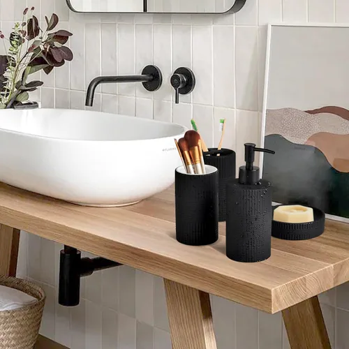 Miniatura 6 de Juego de Accesorios de Baño Negro Mate, Juego de Baño de Cerámica con Relieve de 4 Piezas Completo - Portacepillos de Dientes, Dispensador de Jabón