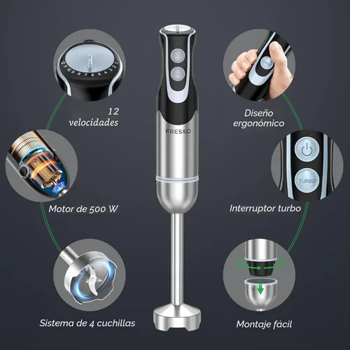 Miniatura 2 de FRESKO Batidora de inmersión de mano, mezclador eléctrico de mano de acero inoxidable con 12 velocidades y modo turbo, potente licuadora de emulsión