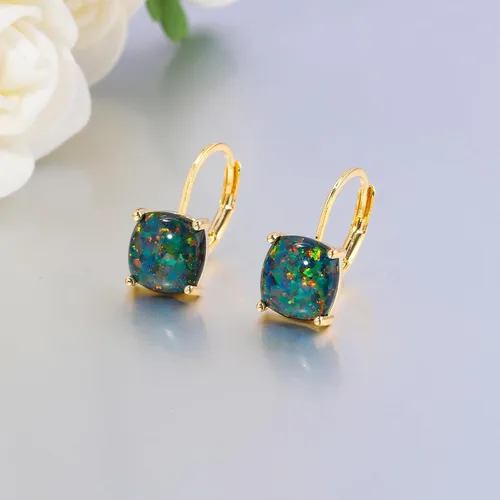 Miniatura 6 de CiNily Aretes colgantes para mujeres y niñas, hipoalergénicos, chapados en oro de 14 quilates, aretes con dije cuadrado de ópalo, aretes de palanca