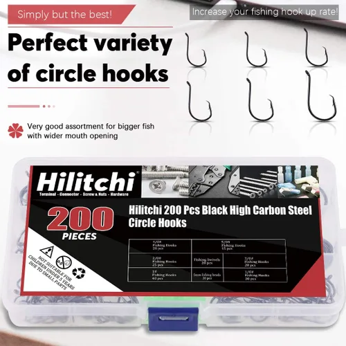 Miniatura 3 de Hilitchi 200 ganchos de pesca de 6 tamaños, diseño de punto compensado en acero de alto carbono, ganchos circulares para agua salada y agua dulce