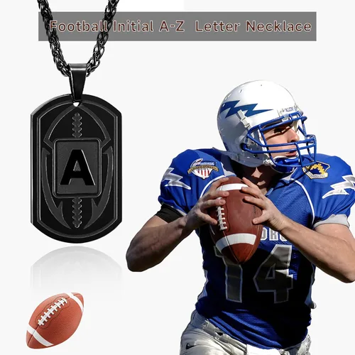 Miniatura 3 de Graduation Gifts - Football Initial Necklace for Men Boys Kids Teen Dog Tag Stainless Steel Black Letter Pendant Sport Football Athletes Jewelry