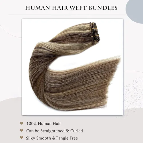 Miniatura 4 de Extensiones de cabello humano real, balayage, color castaño ceniza a rubio miel, extensiones de cabello humano con reflejos, 14 pulgadas, 2.82 oz