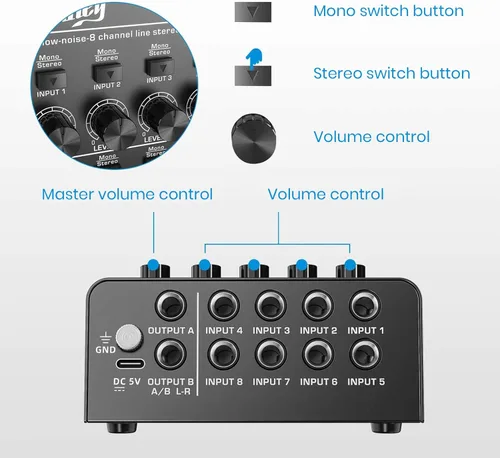 Miniatura 4 de Mezclador de audio Moukey, DC 5V, 8 canales estéreo ultra, mezclador de línea de 8 canales de bajo ruido para sub-mezcla, para pequeños clubes
