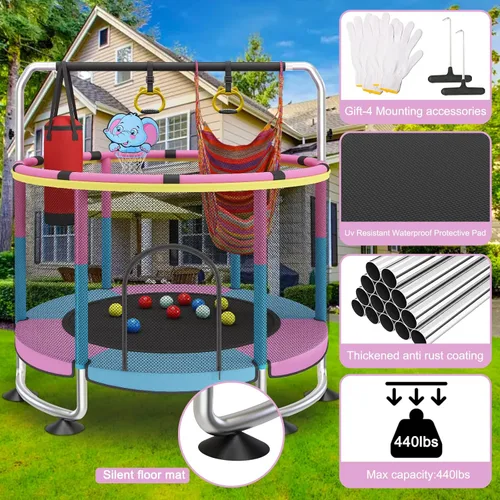 Miniatura 2 de Yozoia 60" Toddler Trampoline, Indoor Trampoline for Kids with Safety Enclosure, 440LBS Support, Adjustable Gymnastics Bar & Toys for Boys Girls