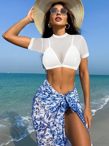 Miniatura 3 de Avidlove Top de malla para mujer, sexy, transparente, de manga corta, con brasier