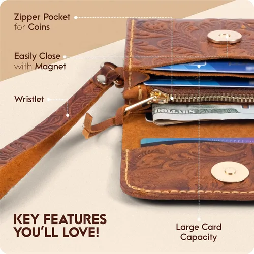 Miniatura 4 de Toros Craft Handmade Leather Wallets for Women, Western Wristlet Wallets, Floral Leather Small Credit Card Holder with Zipper, Minimalist & Cute